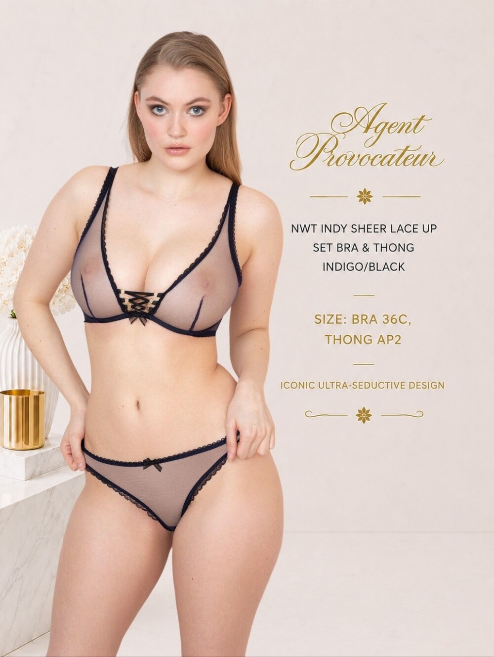 🖤 NWT Agent Provocateur INDY Set 36C + AP2 Thong | Navy/Black Sheer Lace-Up